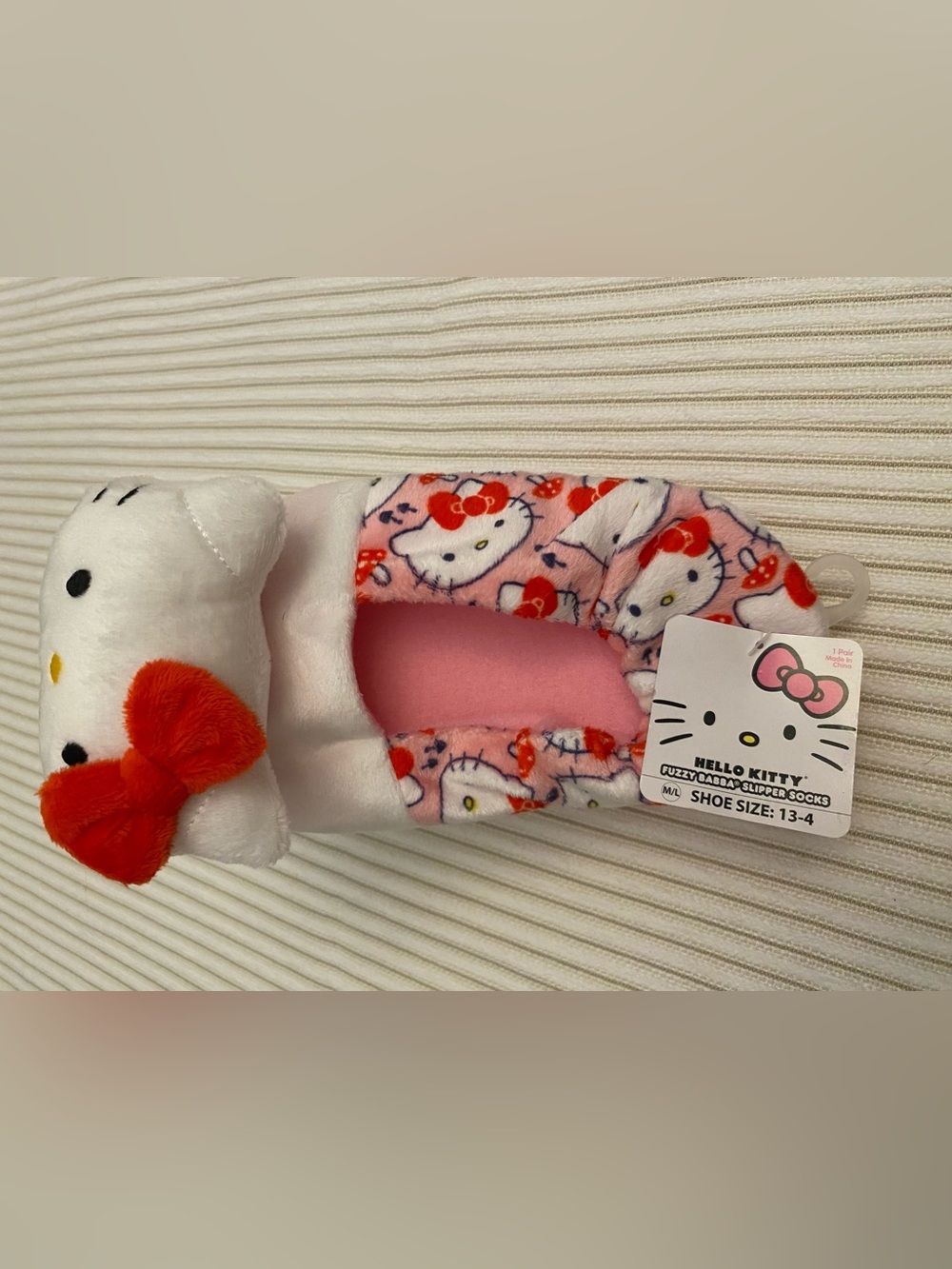 Hello Kitty Pink Plush Kids Slippers with Red Bow Print